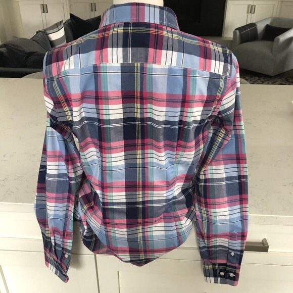 Chaps Petite No-Iron Plaid Button Down Lg Slv Cotton Shirt Blue Pink Wht Sz MP - Picture 7 of 12